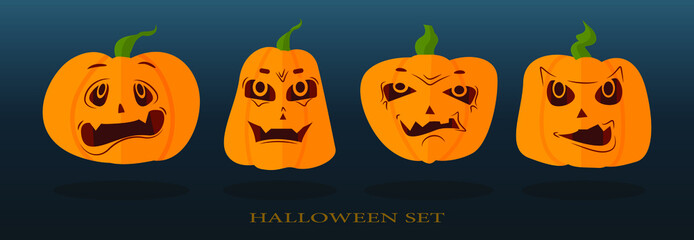 Set pumpkin  on dark background. 
 Orange pumpkin with  smile for your design for the holiday Halloween. Vector illustration. Halloween Pumpkin Set, Flat. Pumpkins faces. The main symbol the Halloween