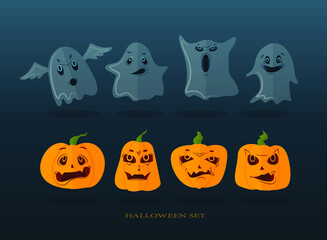 Hand drawn vector illustration. Set for Halloween, pumpkins and ghosts on a dark background. Vector illustration for design, postcards, banners. Cartoon halloween pumpkin and ghosts.  Orange pumpkins.