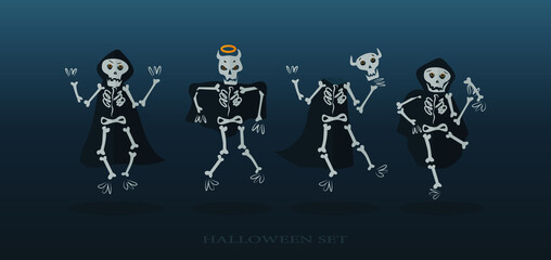 Skeletons set  for Halloween. Happy Halloween with funny skeleton cartoon character. Halloween festive for banner, poster, greeting card, party invitation. Skeletons in raincoats vector illustration.