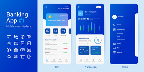 Mobile banking online smartphone app blue color application layout UI user interface money transfer management - obrazy, fototapety, plakaty