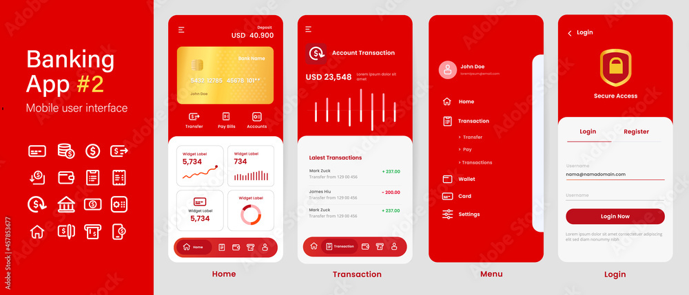 Aufkleber banking app mobile interface user interface layout screen application design in red color gold card
