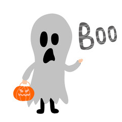 Cartoon kid in ghost Halloween costume with pumpkin. With sign Boo. Vector