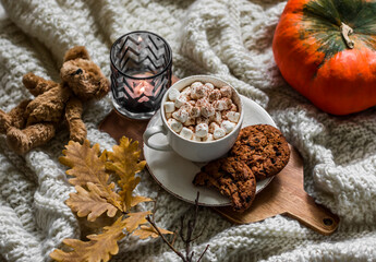 Fototapeta premium Autumn cozy still life - cocoa with marshmallow, chocolate cookies, yellow oak leaves branch, teddy bear toy, candle on a cozy knitted blanket, top view