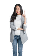 Obraz premium portrait of attractive asian female adult casual formal cloth standing and hand point finger mean first prize with isolate white background studio shot