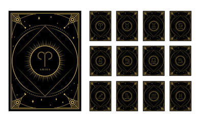Zodiac cards with signs horoscope cards with stars rays geometric design decorative zodiac sketch Premium Vector