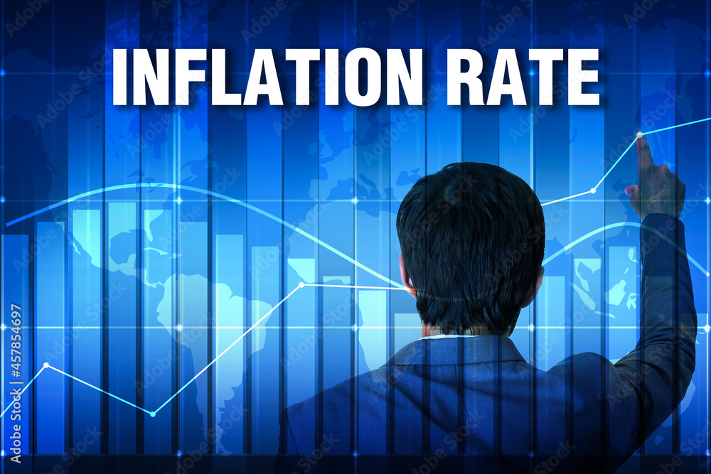Poster inflation rate background in blue with graph and man pointing at the growth graph. increase in infla