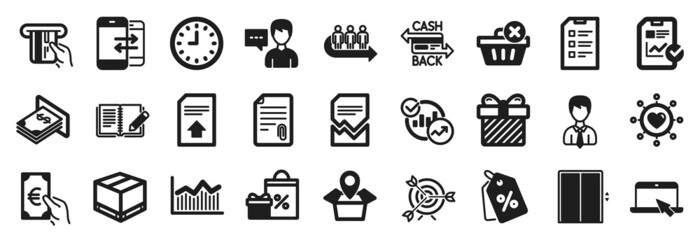 Set of simple icons, such as Portable computer, Discount tags, Finance icons. Surprise, Person talk, Package location signs. Phone communication, Clock, Target. Cashback card, Credit card. Vector