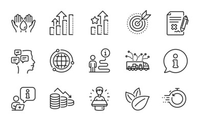 Technology icons set. Included icon as Messages, Ranking stars, Analysis graph signs. Target purpose, Brand ambassador, Truck delivery symbols. Organic product, Safe water, Reject file. Vector