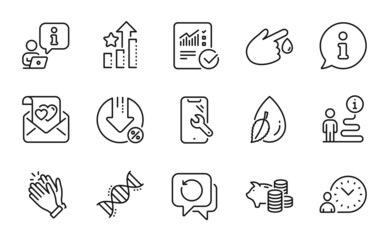 Business icons set. Included icon as Love letter, Blood donation, Checked calculation signs. Recovery data, Clapping hands, Loan percent symbols. Smartphone repair, Time management. Vector