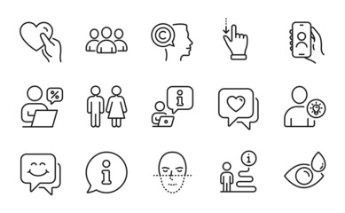 People icons set. Included icon as User call, Eye drops, Smile face signs. Online discounts, Heart, Hold heart symbols. User idea, Restroom, Face recognition. Group, Writer line icons. Vector