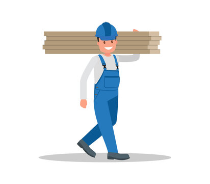 A construction carpenter carrying heavy wooden planks on his shoulder. Vector illustration.