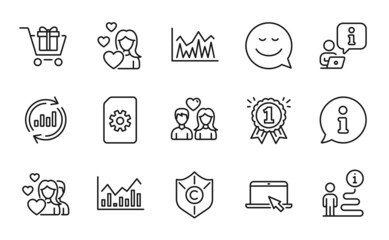 Fototapeta premium Line icons set. Included icon as Copyright protection, Portable computer, Love signs. Investment, Shopping cart, Smile symbols. File management, Couple love, Infochart. Reward, Update data. Vector