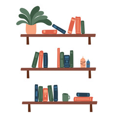 Bookshelves with a potted plant and candles. Simple vector illustration in hand drawn style