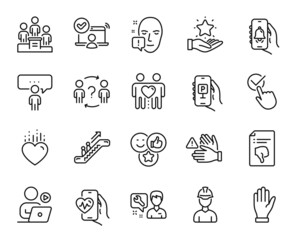 Vector set of Online access, Heart and Hand line icons set. Thumb down, Repairman and Face attention icons. Delegate question, Parking app and Bell alert signs. Online access web symbol. Vector