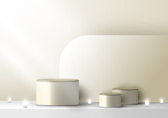 3D stage beige color podium pedestal and rounded backdrop with neon light minimal scene