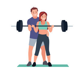 Fototapeta na wymiar An active athletic woman with a trainer, a young girl in sportswear with a heavy barbell and a fitness trainer. Vector illustration.