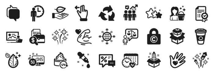 Set of Business icons, such as Discounts, Fireworks rocket, Photo studio icons. Dirty water, Business statistics, Stars signs. Leaf, Cardio calendar, Certificate. Waiting, Uv protection. Vector
