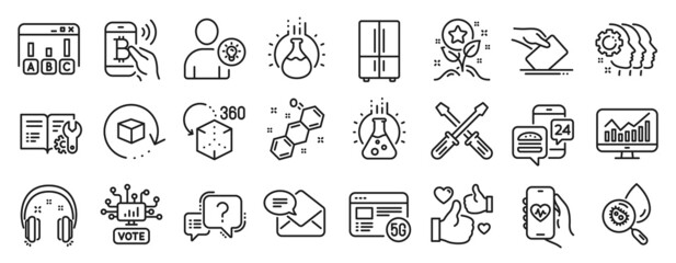 Fototapeta na wymiar Set of Technology icons, such as Screwdriverl, Health app, Employees teamwork icons. Chemistry experiment, Survey results, Augmented reality signs. Return package, 5g internet, User idea. Vector