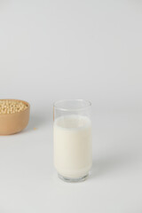 Soy vegetable milk in the glass and soybeans. Homemade. Isolated and white background