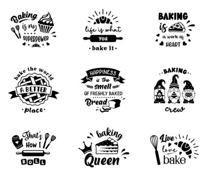 Baking sign with quotes. Set of cooking symbols. Bake emblem designs. Kitchen badge.