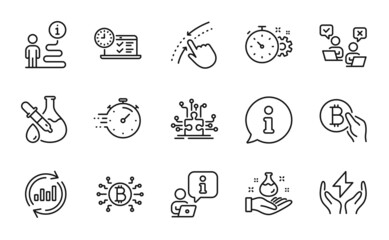 Technology icons set. Included icon as Timer, Bitcoin system, Bitcoin pay signs. Puzzle options, Update data, Swipe up symbols. Safe energy, Cogwheel timer, Online test. Online voting. Vector