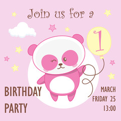 Cute pink baby girl panda, birthday invitation, one year, 1 year