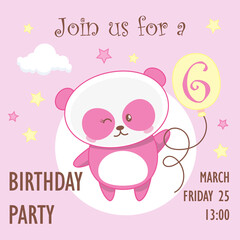 Cute pink baby girl panda, birthday invitation, six years, 6 year