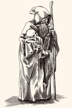Beggar old man in a dark cloak and a hood with a staff and the skull.