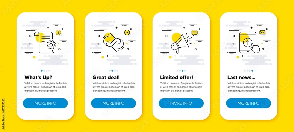 Poster vector set of refresh, technical documentation and megaphone line icons set. ui phone app screens wi