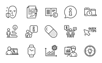 Science icons set. Included icon as Presentation, Idea, Teamwork signs. Time management, Coronavirus statistics, Face protection symbols. Smartwatch, Online education, Agreement document. Vector