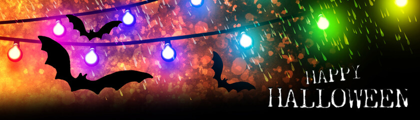 Naklejka na ściany i meble Halloween party banner. Halloween illustration with garland of lights and bats. A scary halloween for all of you.
