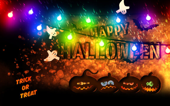 Halloween party banner. Halloween illustration with scary pumpkins, garland of lights, bats and ghosts. A scary halloween for all of you.