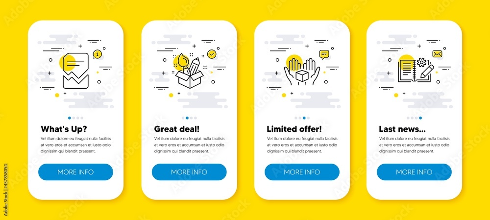 Poster vector set of creativity, hold box and corrupted file line icons set. ui phone app screens with line