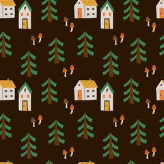Cozy home seamless pattern. Cute little forest houses in night, moon and cloud, hand drawn cartoon scandinavian style, woodland decor textile, wrapping paper wallpaper vector print or fabric