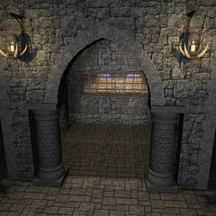 3d illustration of a fantasy place entrance with a colorful sky