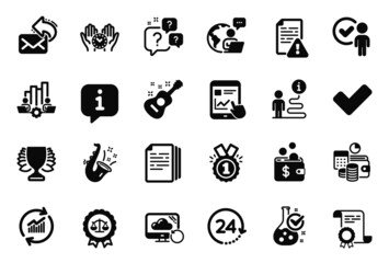 Vector Set of Education icons related to Chemistry lab, Question bubbles and Jazz icons. Approved, Justice scales and Winner signs. Recovery cloud, Update data and 24 hours. Guitar, Tick. Vector