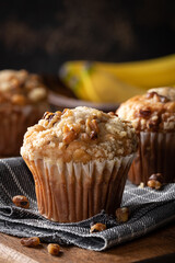 Banana nut muffins on a cloth napkin