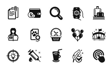 Vector set of Click, 3d app and Cocktail icons simple set. Hypoallergenic tested, Baggage reclaim and Balloons icons. Research, Buying accessory and Medical syringe signs. Vector