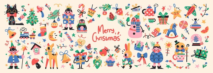 Fototapeta na wymiar Set of Cute Merry Christmas and Happy New Year Illustrations or stickers. Festive christmas characters and objects