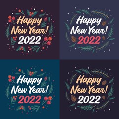 Set of Christmas and Happy New Year Floral Card templates. Trendy retro style. Vector