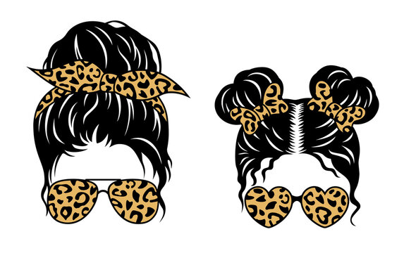 Mom life and kid life design. Messy bun vector print. Female faces in aviator sunglasses and bandanas with leopard pattern.