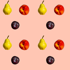 Seamless pattern of fruit, pear, plum, peach, nectarine; horizontal pattern of fresh fruit
