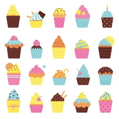 Set of cute cupcakes isolated on white background. Vector illustration in flat style
