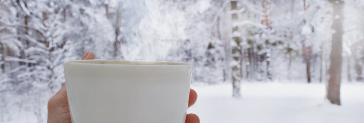 a cup of hot tea in a snow-covered park. Walks in the forest, with fragrant hot tea.the warm steam coming from the mug helps to keep warm in the cold. winter holidays. the magic of fragrance. winter..