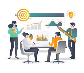 concept flat design product data analysis and seo optimization and meeting