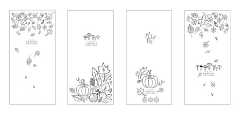 Fall vector illustration pack of pumpkin, mushrooms, fruits, vegetables and leaves. Graphic element for seasonal message on store sign, cafe menu, event design, banner, etc. Vertical design pack 