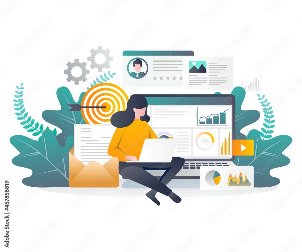 Poster flat design concept sales on social media and digital marketing with seo optimization