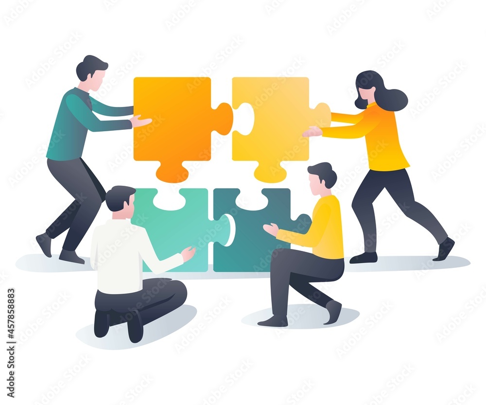 Poster flat design concept the work team is compiling a puzzle