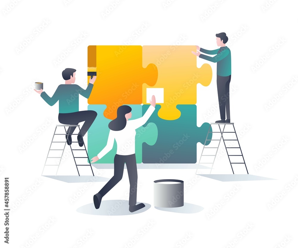 Aufkleber flat design concept the work team is compiling the puzzle and maintaining it