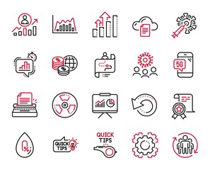 Vector Set of Science icons related to Career ladder, Analysis graph and Education idea icons. Journey path, Teamwork and Typewriter signs. Chemical hazard, World money and No alcohol. Vector